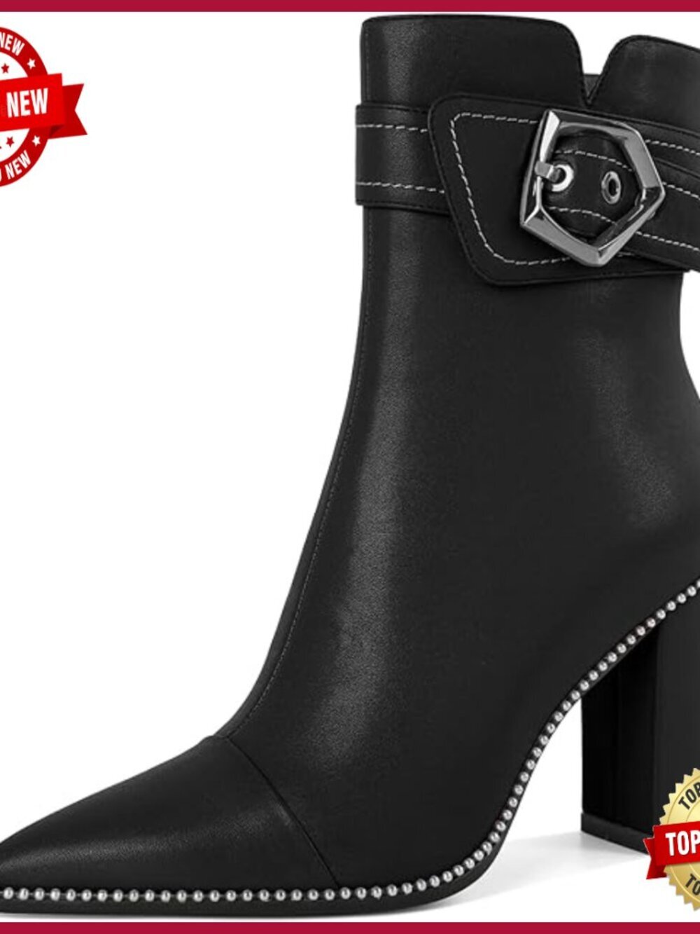 Womens Chunky Heel Pointed Toe Ankle Booties with Beaded Strap Side Zip